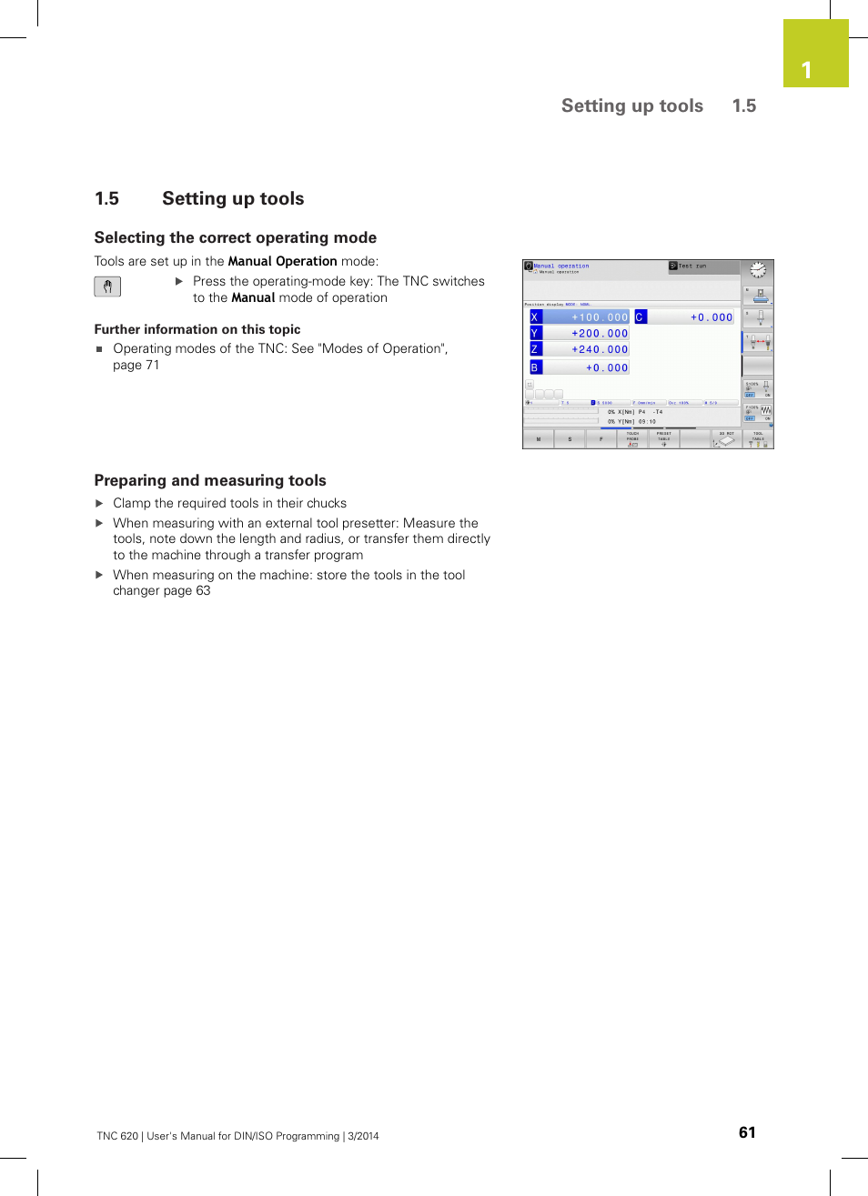 5 setting up tools, Selecting the correct operating mode, Preparing and measuring tools | Setting up tools, Setting up tools 1.5 | HEIDENHAIN TNC 620 (81760x-01) ISO programming User Manual | Page 61 / 584