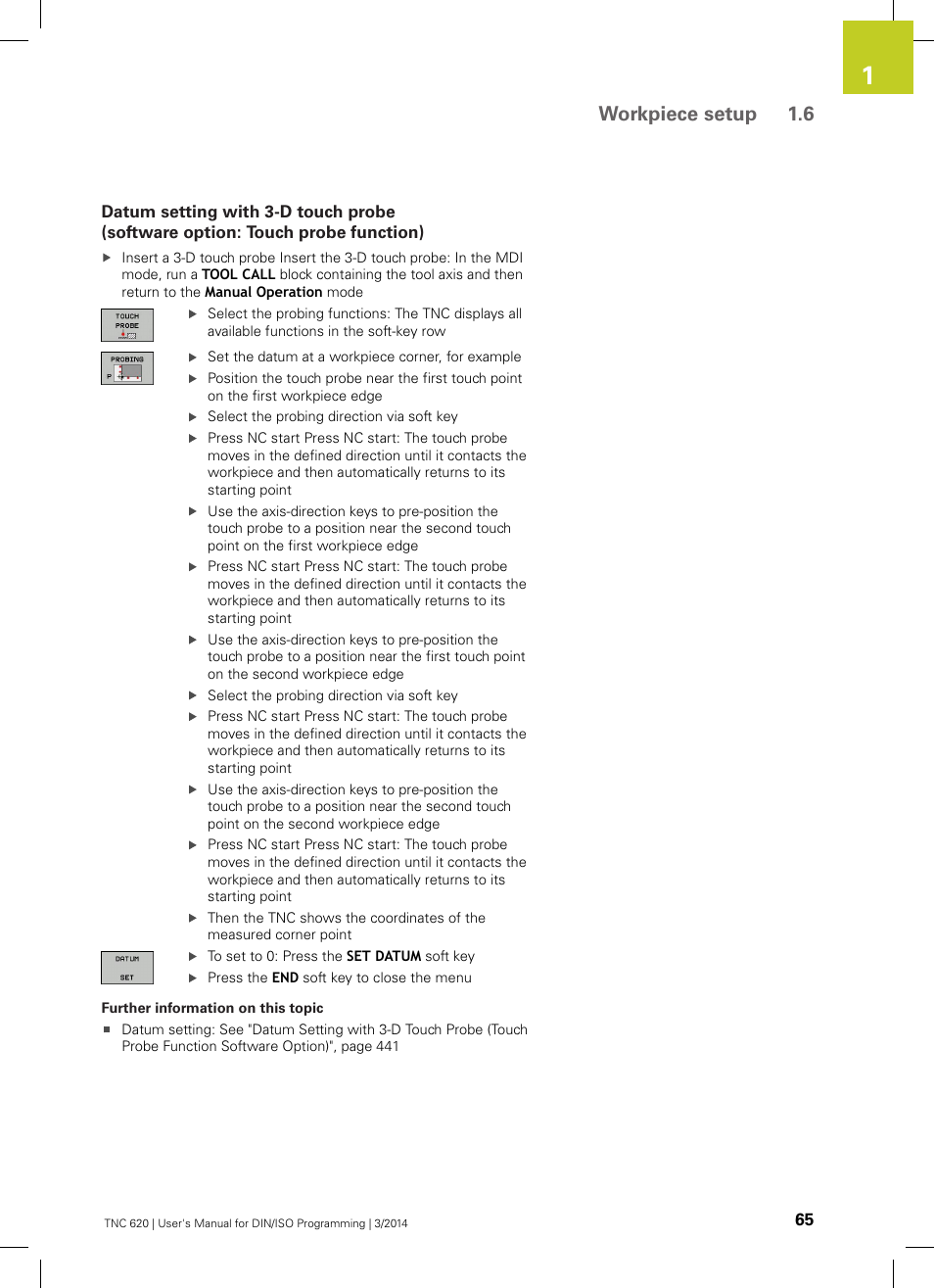Workpiece setup 1.6 | HEIDENHAIN TNC 620 (81760x-01) ISO programming User Manual | Page 65 / 584