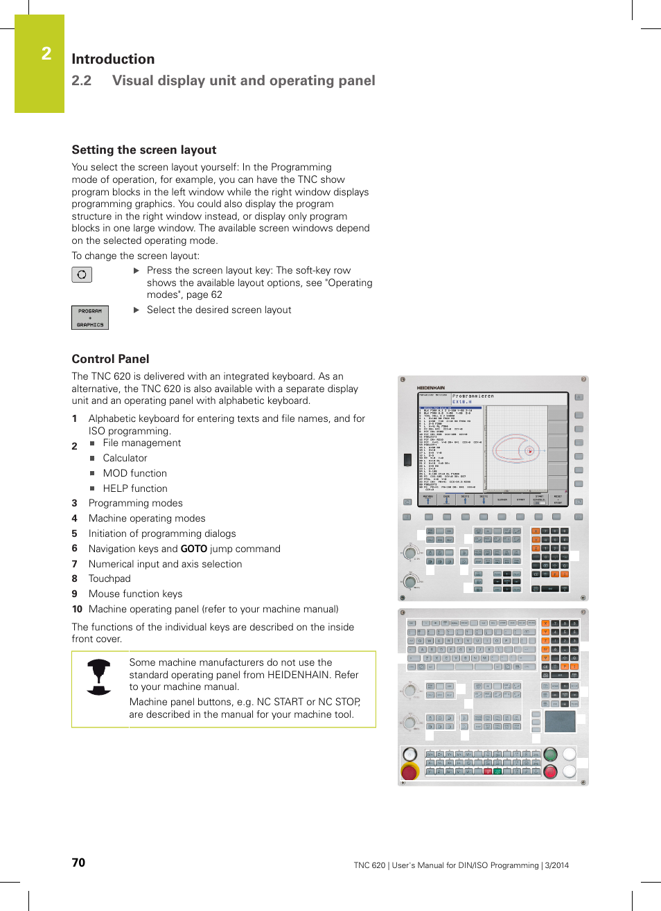 Setting the screen layout, Control panel | HEIDENHAIN TNC 620 (81760x-01) ISO programming User Manual | Page 70 / 584