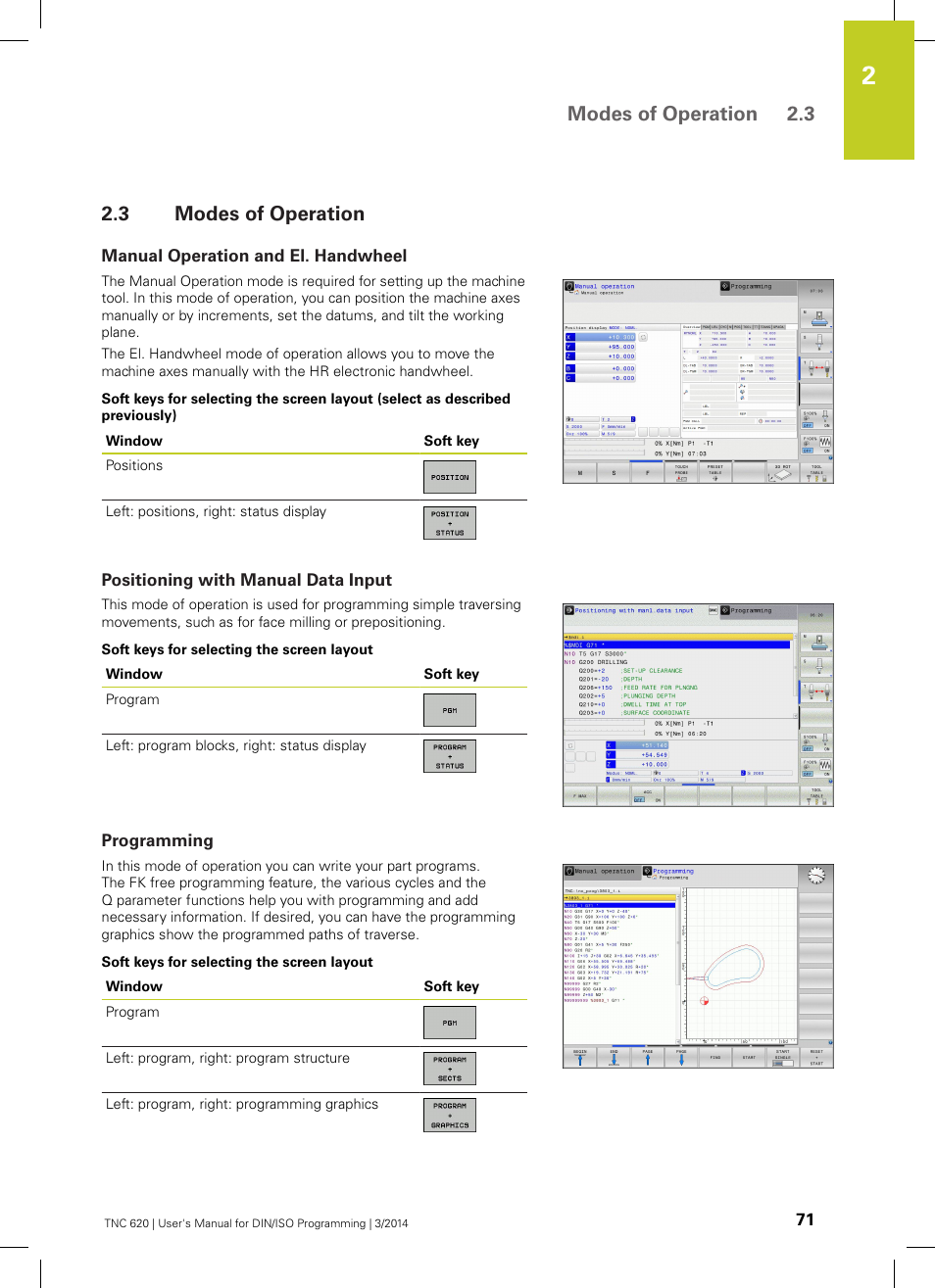 3 modes of operation, Manual operation and el. handwheel, Positioning with manual data input | Programming, Modes of operation, Modes of operation 2.3 | HEIDENHAIN TNC 620 (81760x-01) ISO programming User Manual | Page 71 / 584