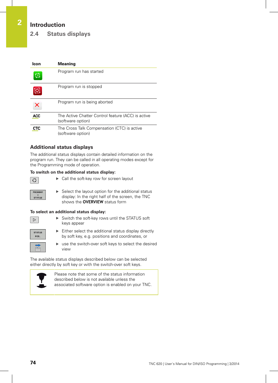 Additional status displays, Introduction 2.4 status displays | HEIDENHAIN TNC 620 (81760x-01) ISO programming User Manual | Page 74 / 584