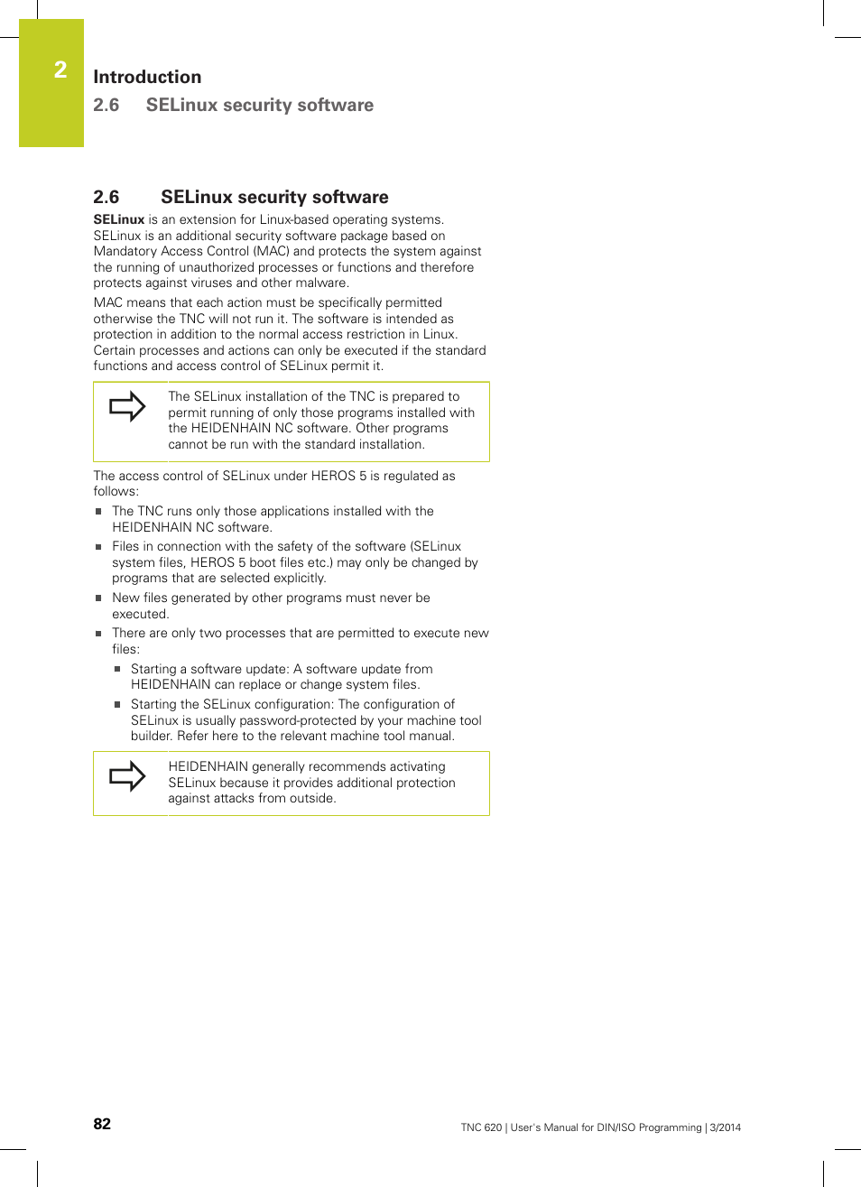 6 selinux security software, Selinux security software, Introduction 2.6 selinux security software | HEIDENHAIN TNC 620 (81760x-01) ISO programming User Manual | Page 82 / 584