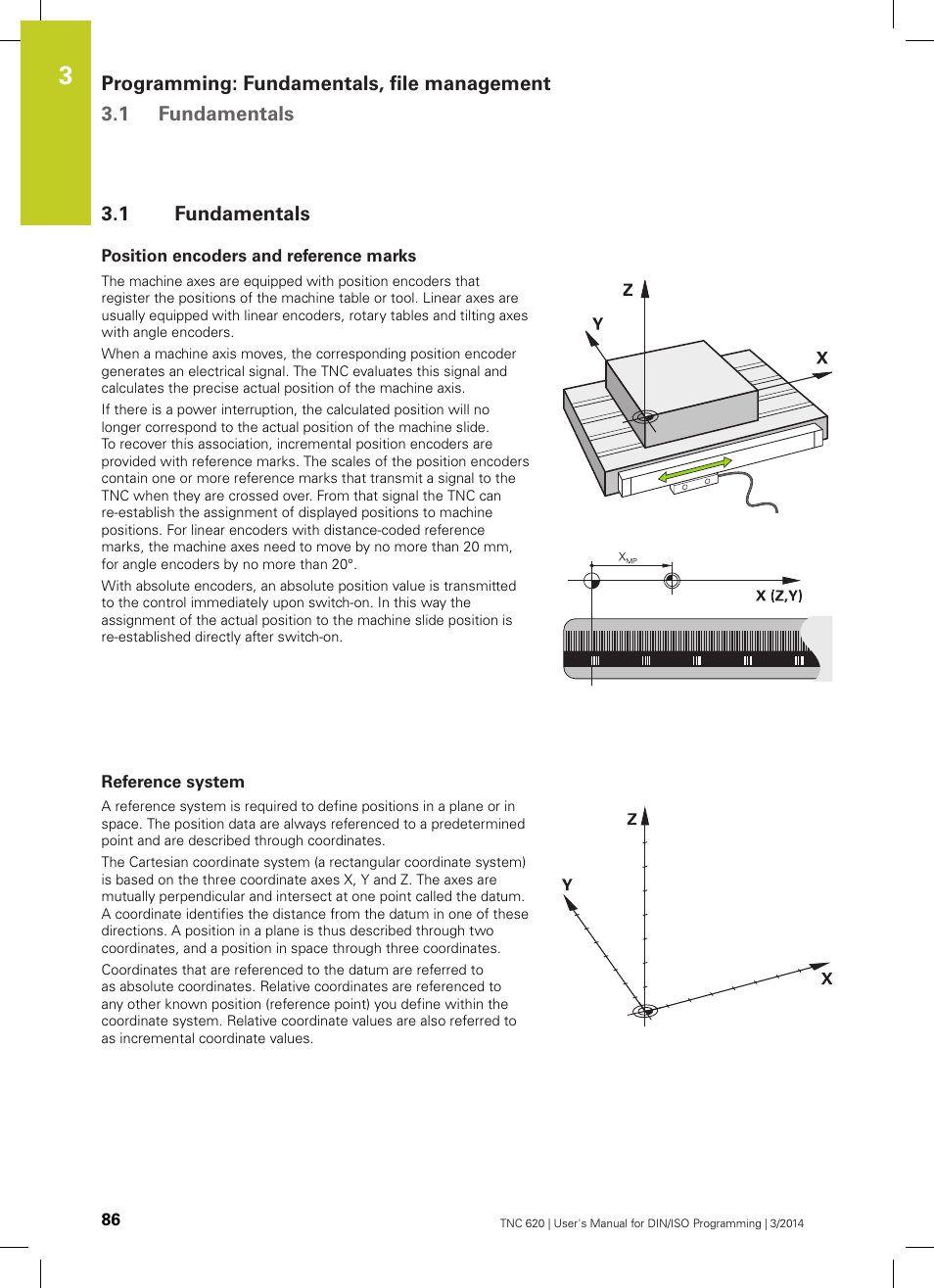 1 fundamentals, Position encoders and reference marks, Reference system | Fundamentals | HEIDENHAIN TNC 620 (81760x-01) ISO programming User Manual | Page 86 / 584