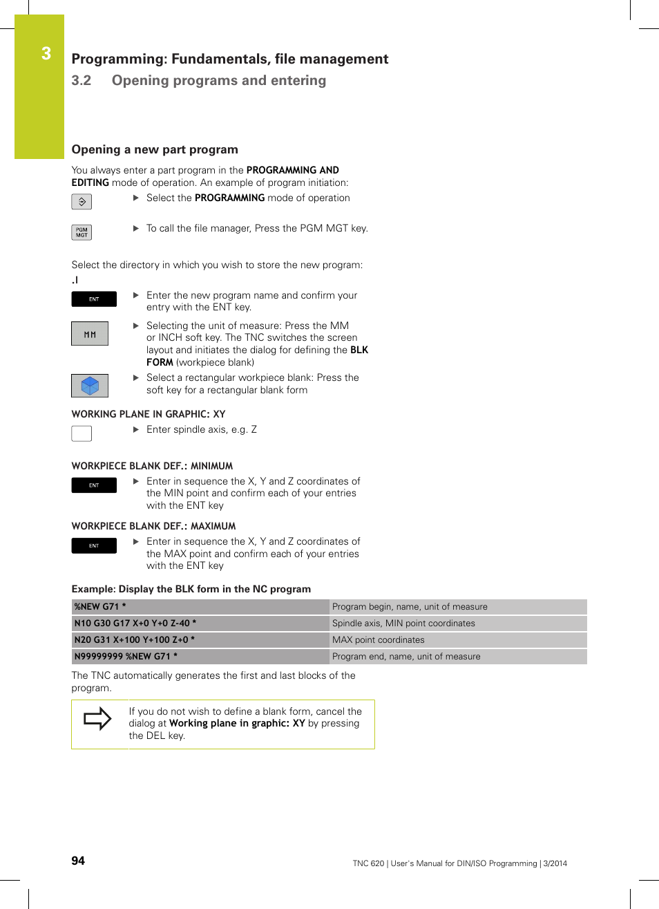 Opening a new part program | HEIDENHAIN TNC 620 (81760x-01) ISO programming User Manual | Page 94 / 584