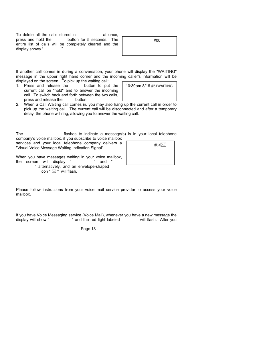 Deleting all calls from the caller id list, Using call waiting caller id, Message indication | Accessing voice mailbox, Clearing the message waiting indicator | ClearSounds CST25 User Manual | Page 16 / 70