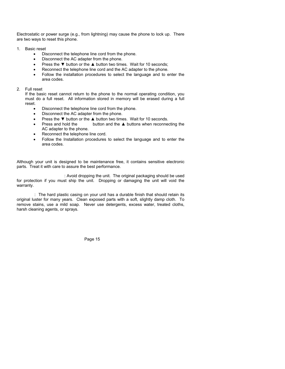 Resetting your telephone's programming, Maintenance information | ClearSounds CST25 User Manual | Page 18 / 70