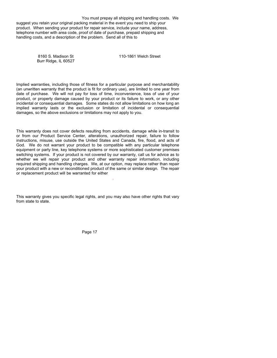 What we ask you to do, Warranty limitation, What this warranty does not cover | State law rights | ClearSounds CST25 User Manual | Page 20 / 70