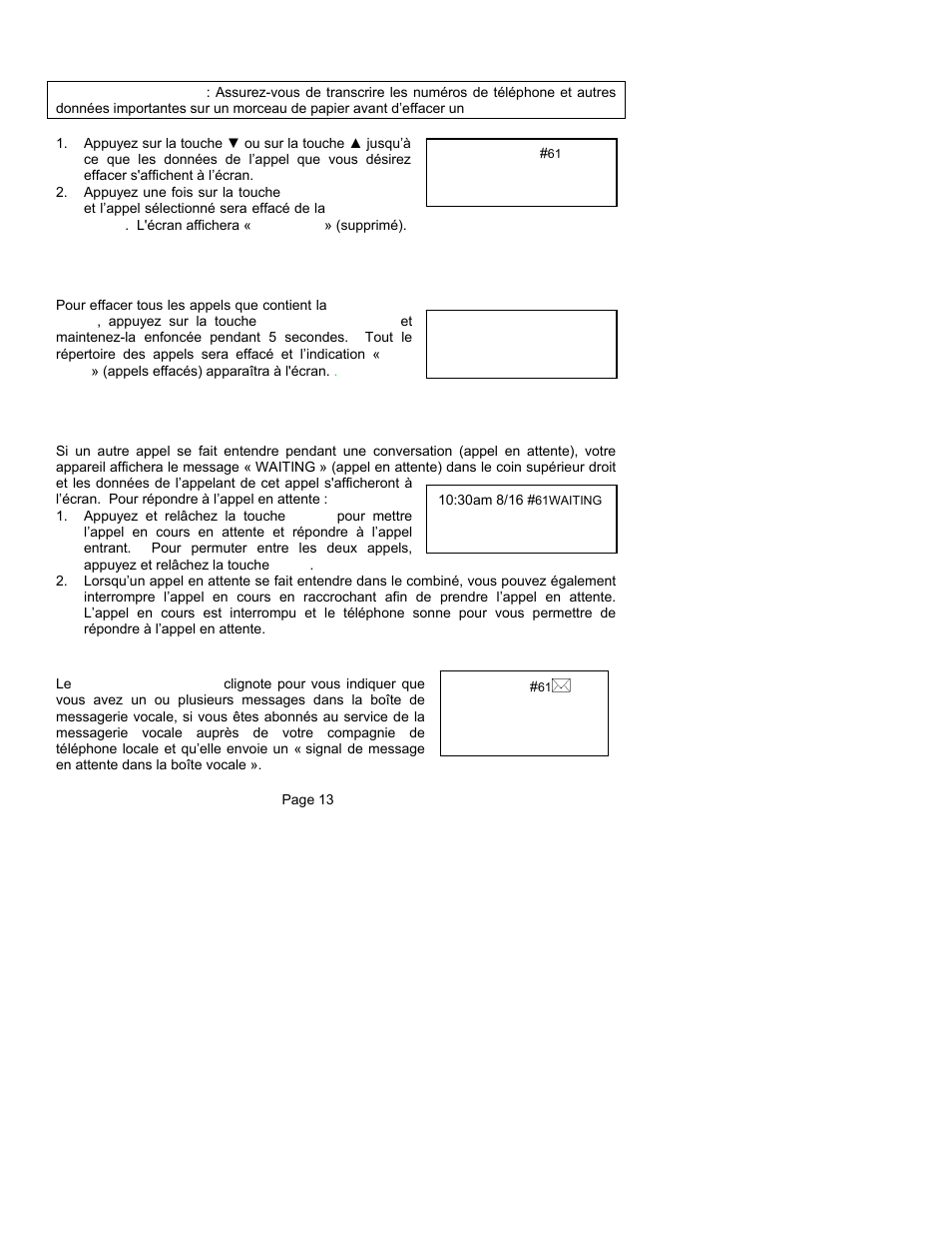 Effacer un message de la liste de l’afficheur, Utiliser l’afficheur de l’appel en attente, Voyant des nouveaux appels | ClearSounds CST25 User Manual | Page 39 / 70