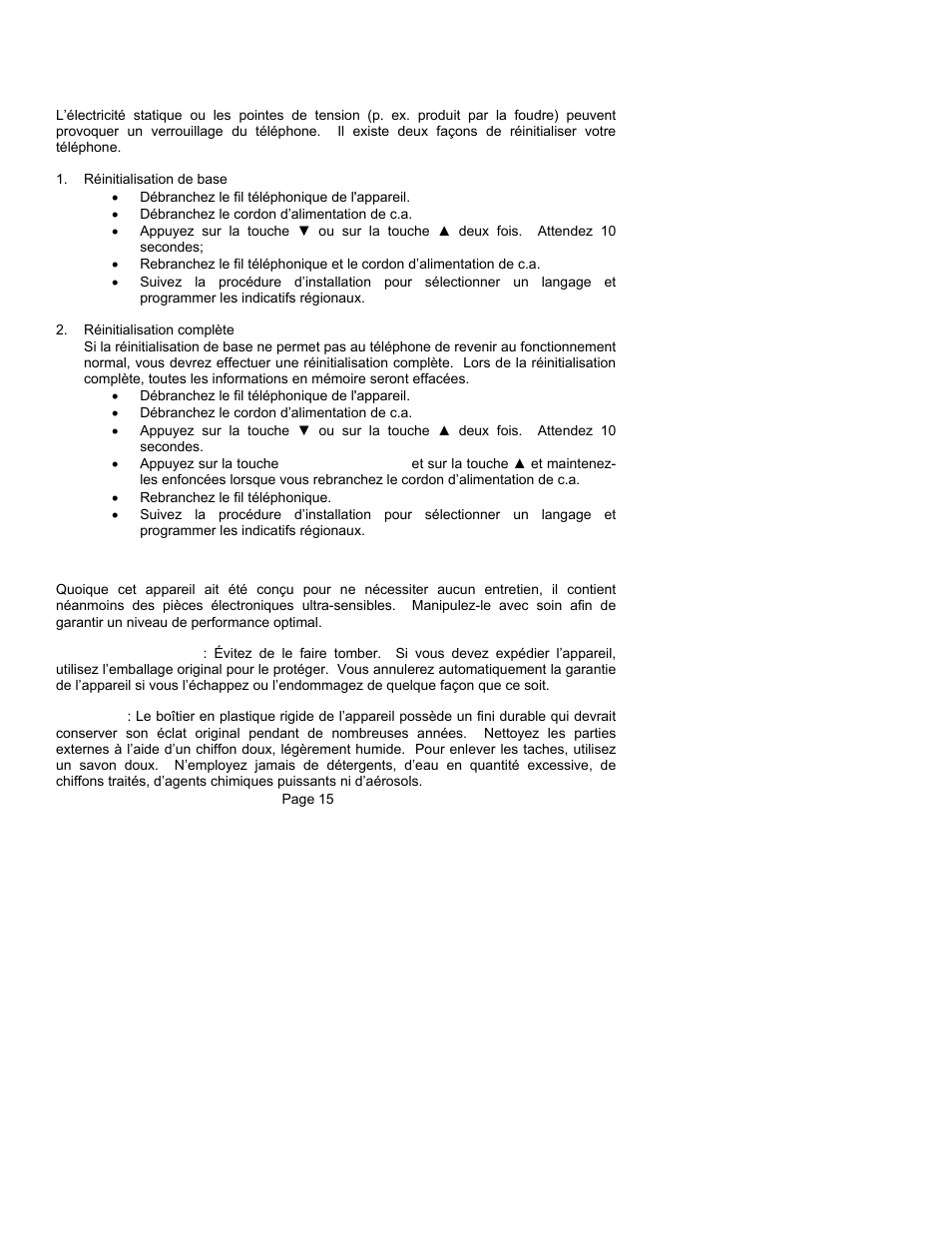 En cas de difficultés, Réinitialiser la programmation de votre téléphone, Renseignements sur l’entretien | ClearSounds CST25 User Manual | Page 41 / 70