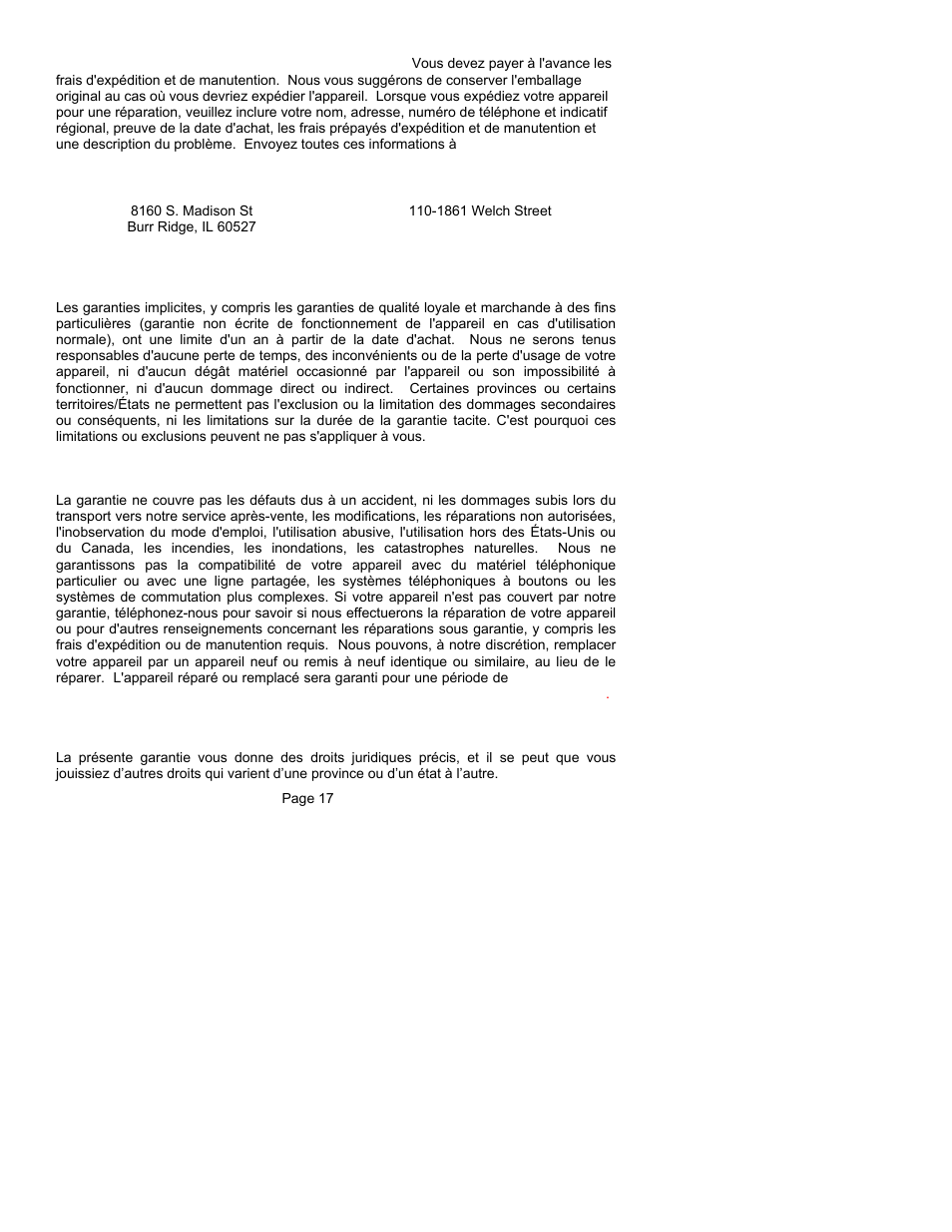 Ce que nous vous demandons de faire, Restriction de la garantie, Ce que la garantie ne couvre pas | ClearSounds CST25 User Manual | Page 43 / 70