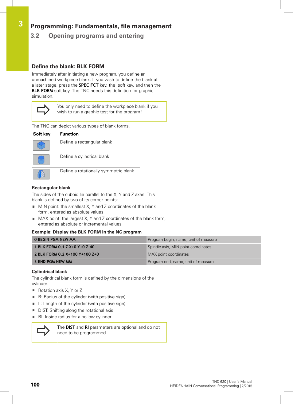 Define the blank: blk form | HEIDENHAIN TNC 620 (81760x-02) User Manual | Page 100 / 656