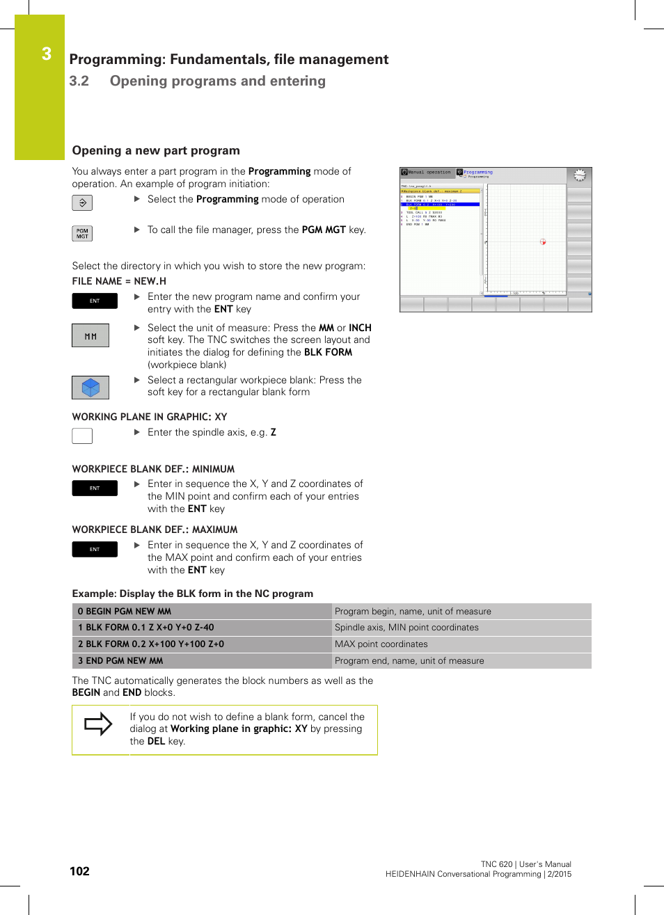 Opening a new part program | HEIDENHAIN TNC 620 (81760x-02) User Manual | Page 102 / 656