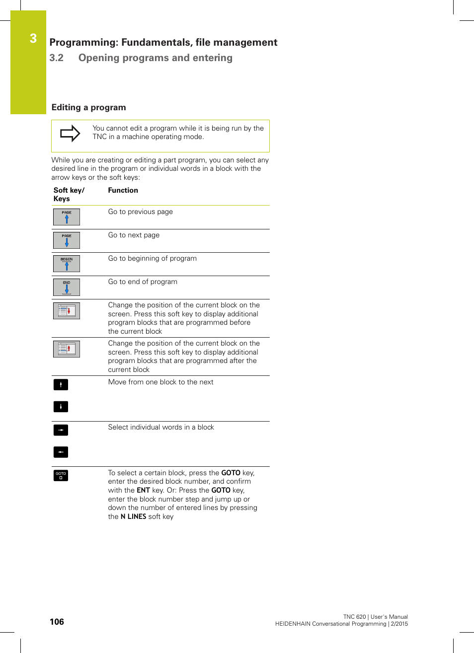 Editing a program | HEIDENHAIN TNC 620 (81760x-02) User Manual | Page 106 / 656