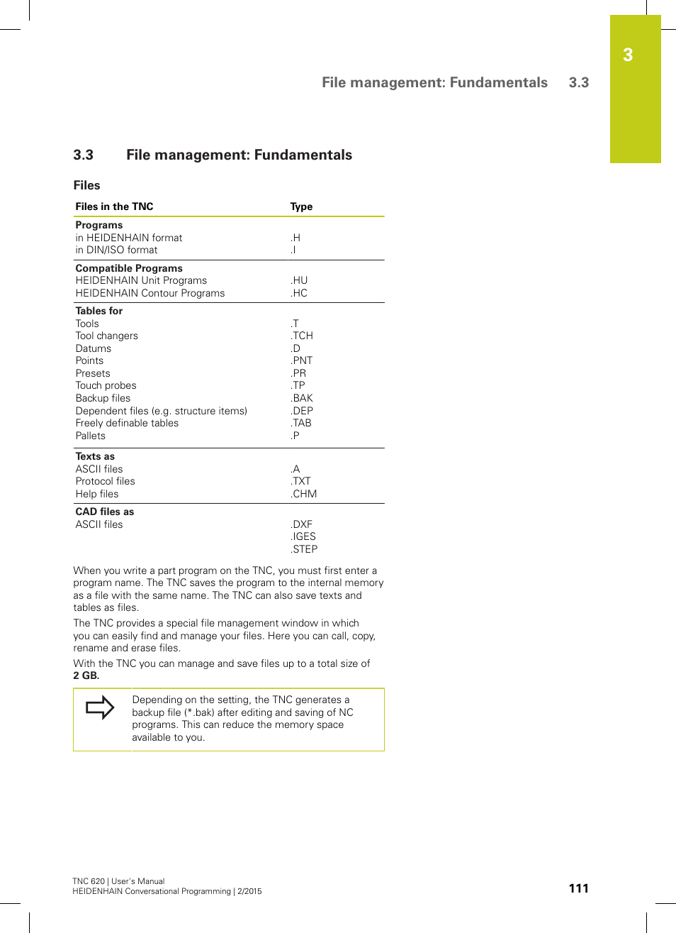 3 file management: fundamentals, Files, File management: fundamentals | File management: fundamentals 3.3 | HEIDENHAIN TNC 620 (81760x-02) User Manual | Page 111 / 656