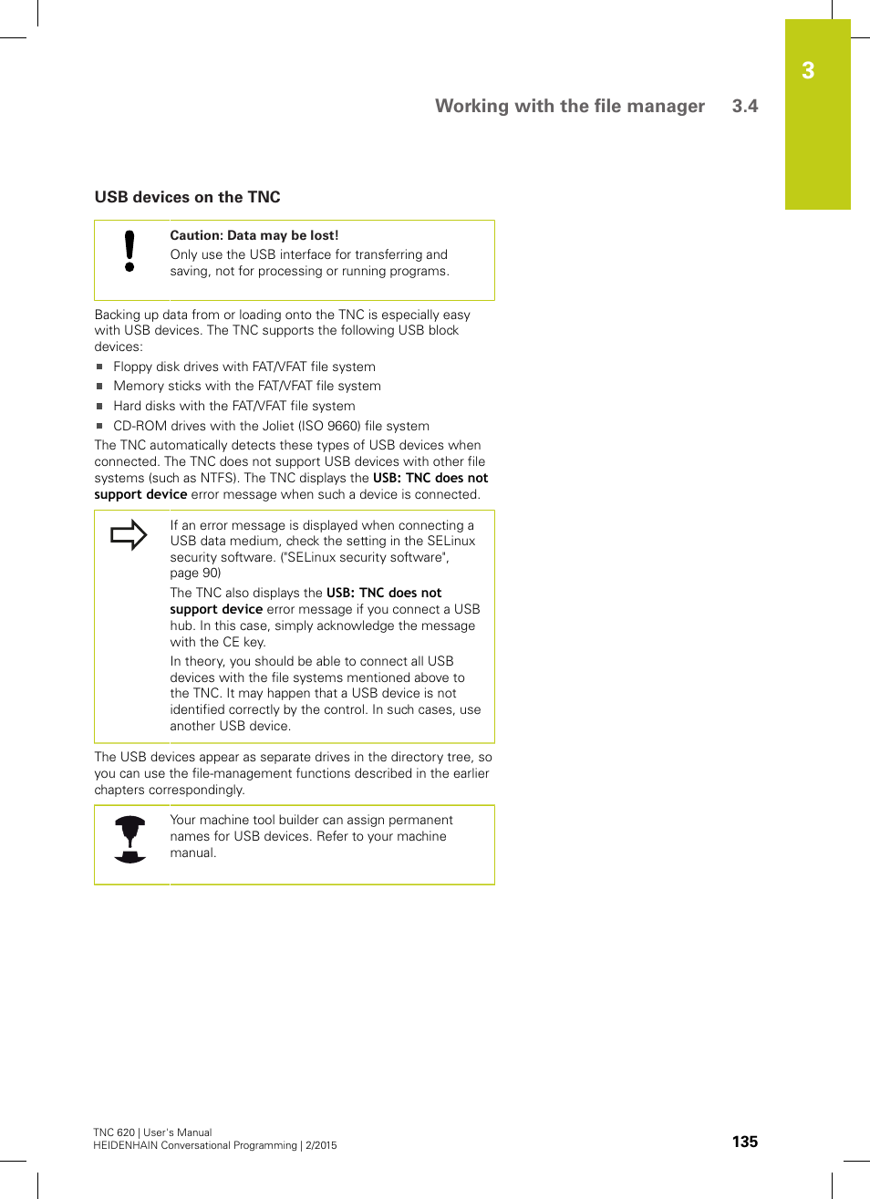 Usb devices on the tnc, Working with the file manager 3.4 | HEIDENHAIN TNC 620 (81760x-02) User Manual | Page 135 / 656