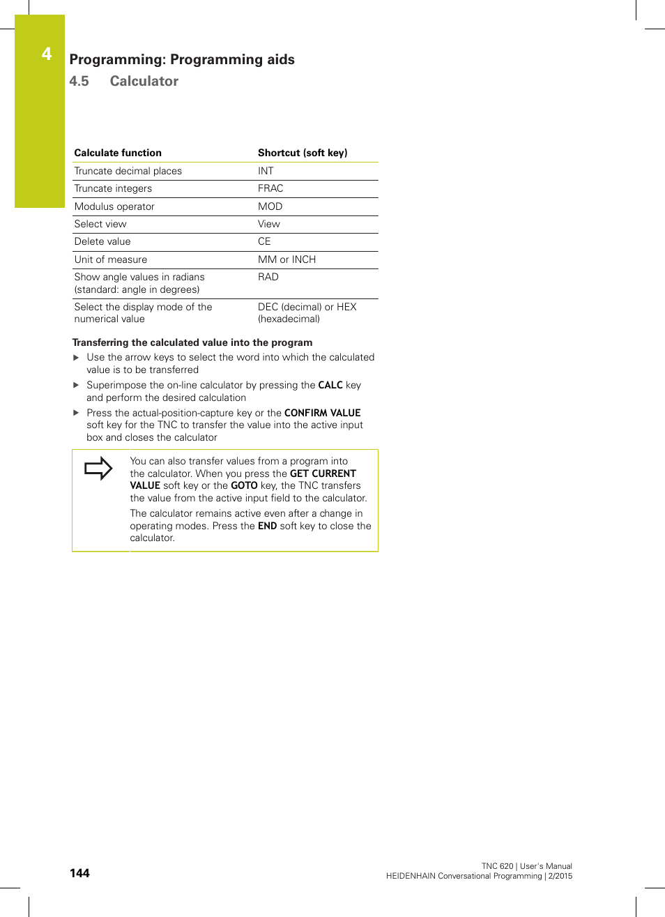 Programming: programming aids 4.5 calculator | HEIDENHAIN TNC 620 (81760x-02) User Manual | Page 144 / 656