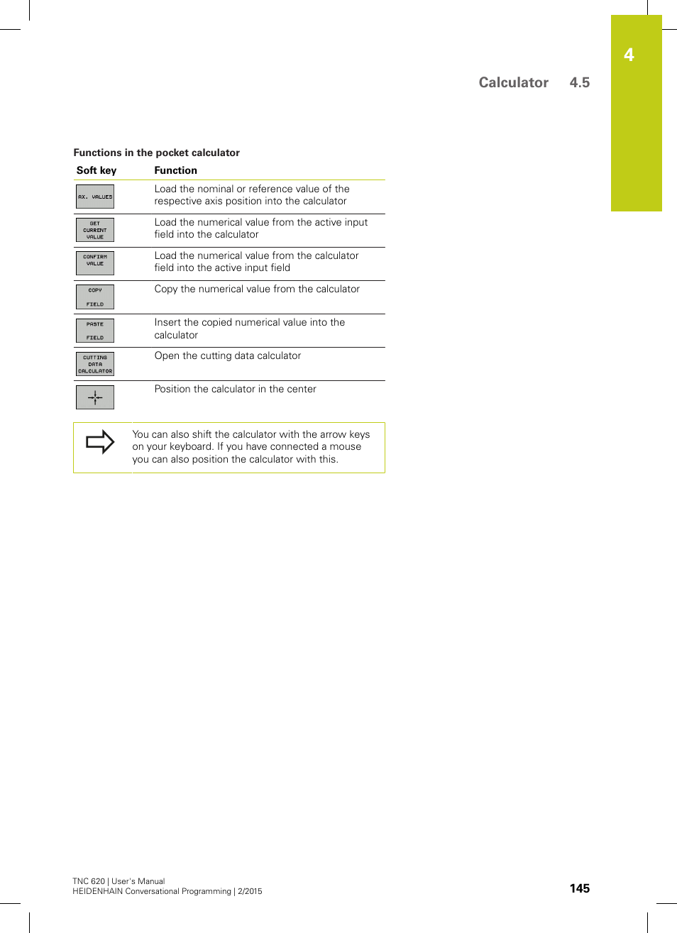 Calculator 4.5 | HEIDENHAIN TNC 620 (81760x-02) User Manual | Page 145 / 656