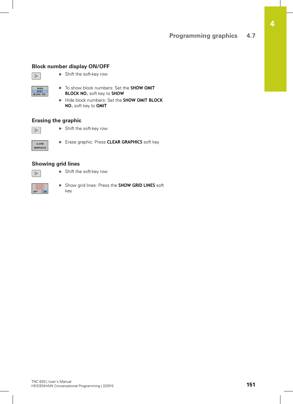 Block number display on/off, Erasing the graphic, Showing grid lines | Programming graphics 4.7 | HEIDENHAIN TNC 620 (81760x-02) User Manual | Page 151 / 656