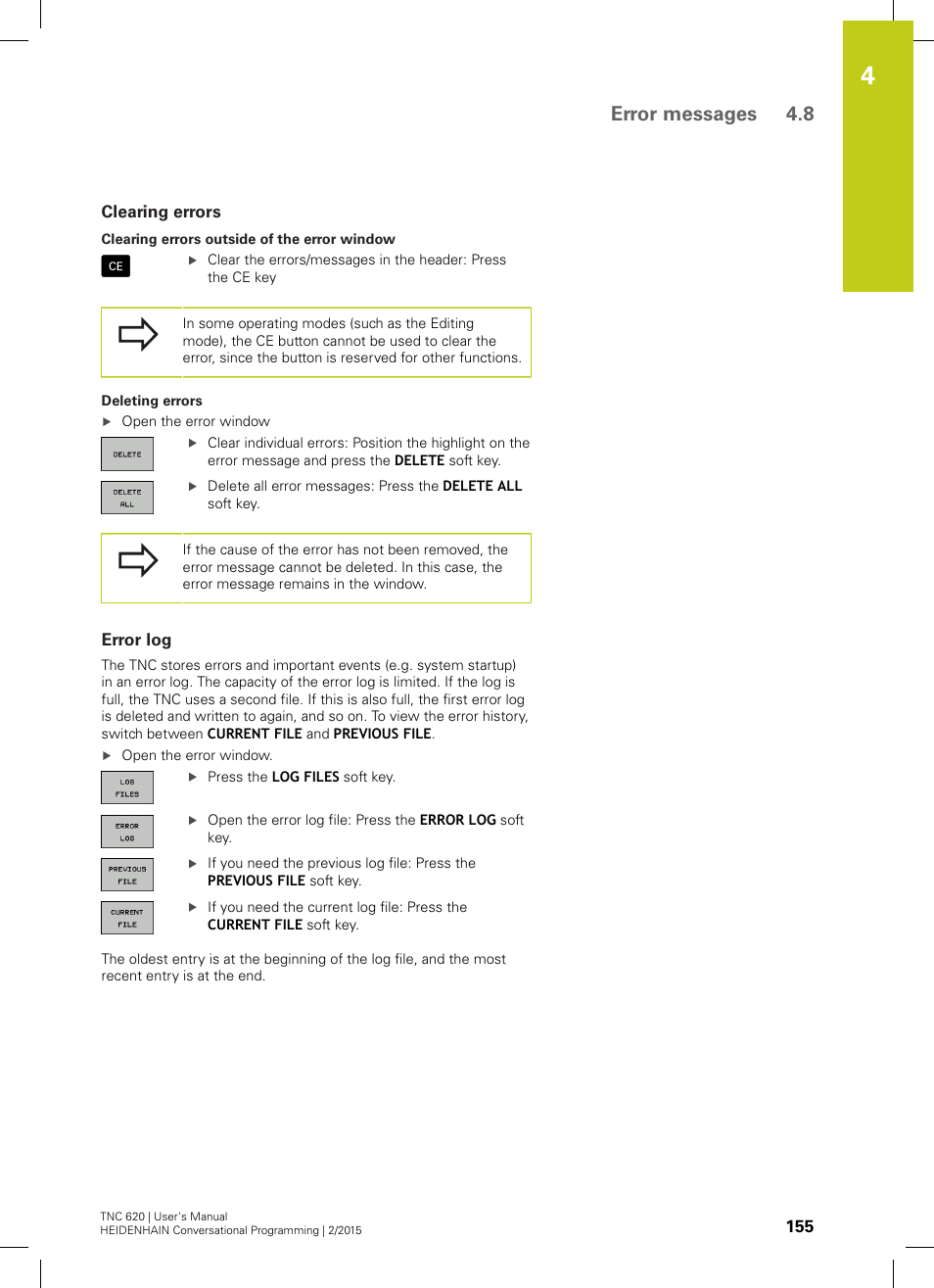 Clearing errors, Error log, Error messages 4.8 | HEIDENHAIN TNC 620 (81760x-02) User Manual | Page 155 / 656