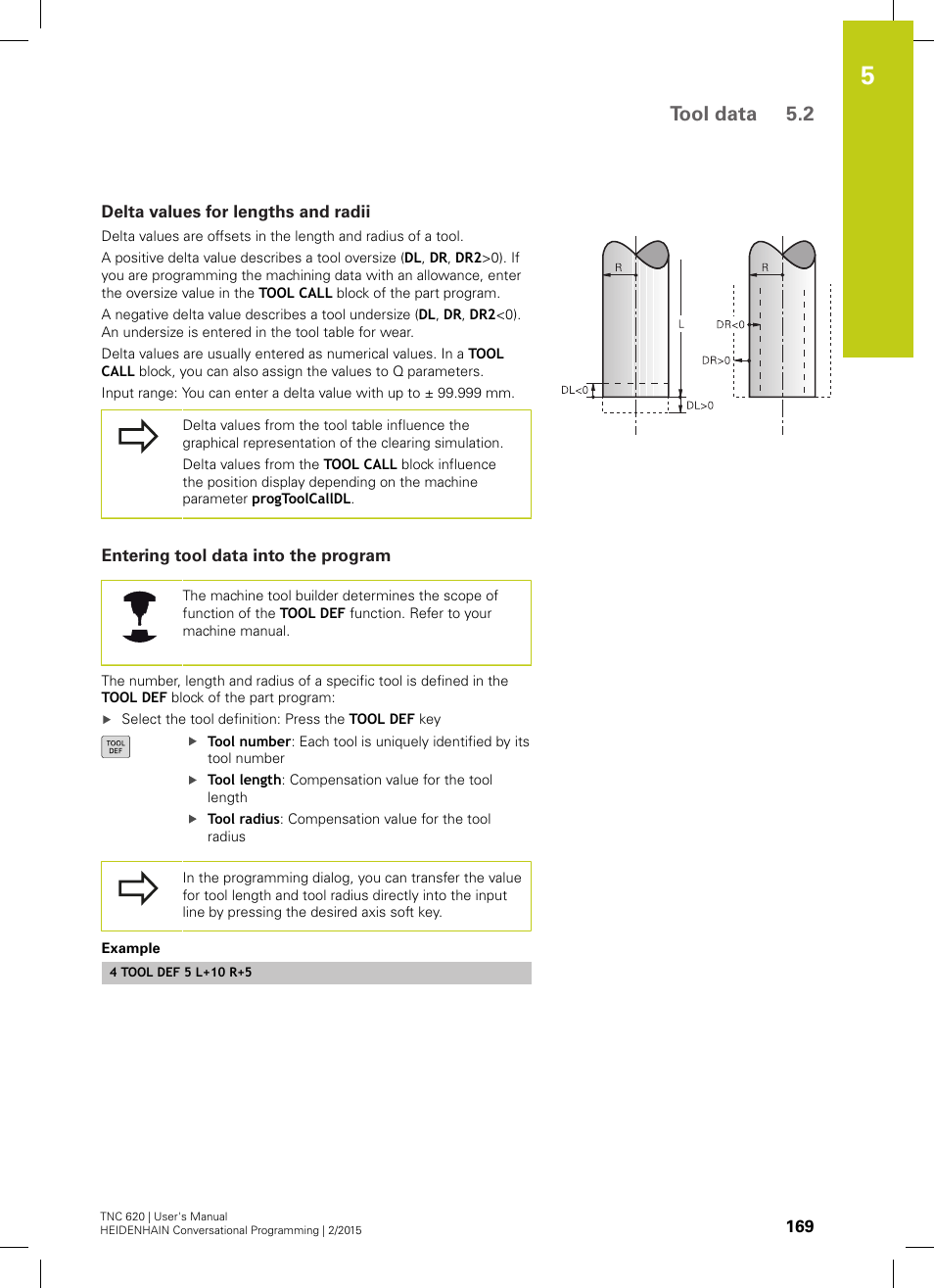 Delta values for lengths and radii, Entering tool data into the program, Tool data 5.2 | HEIDENHAIN TNC 620 (81760x-02) User Manual | Page 169 / 656