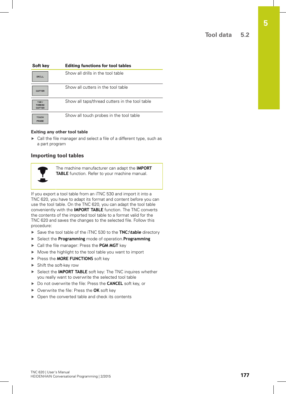 Importing tool tables, Tool data 5.2 | HEIDENHAIN TNC 620 (81760x-02) User Manual | Page 177 / 656