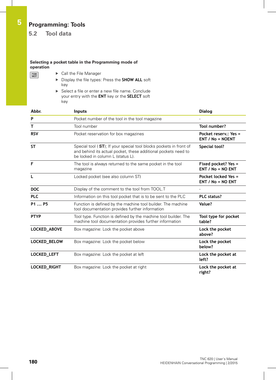 Programming: tools 5.2 tool data | HEIDENHAIN TNC 620 (81760x-02) User Manual | Page 180 / 656