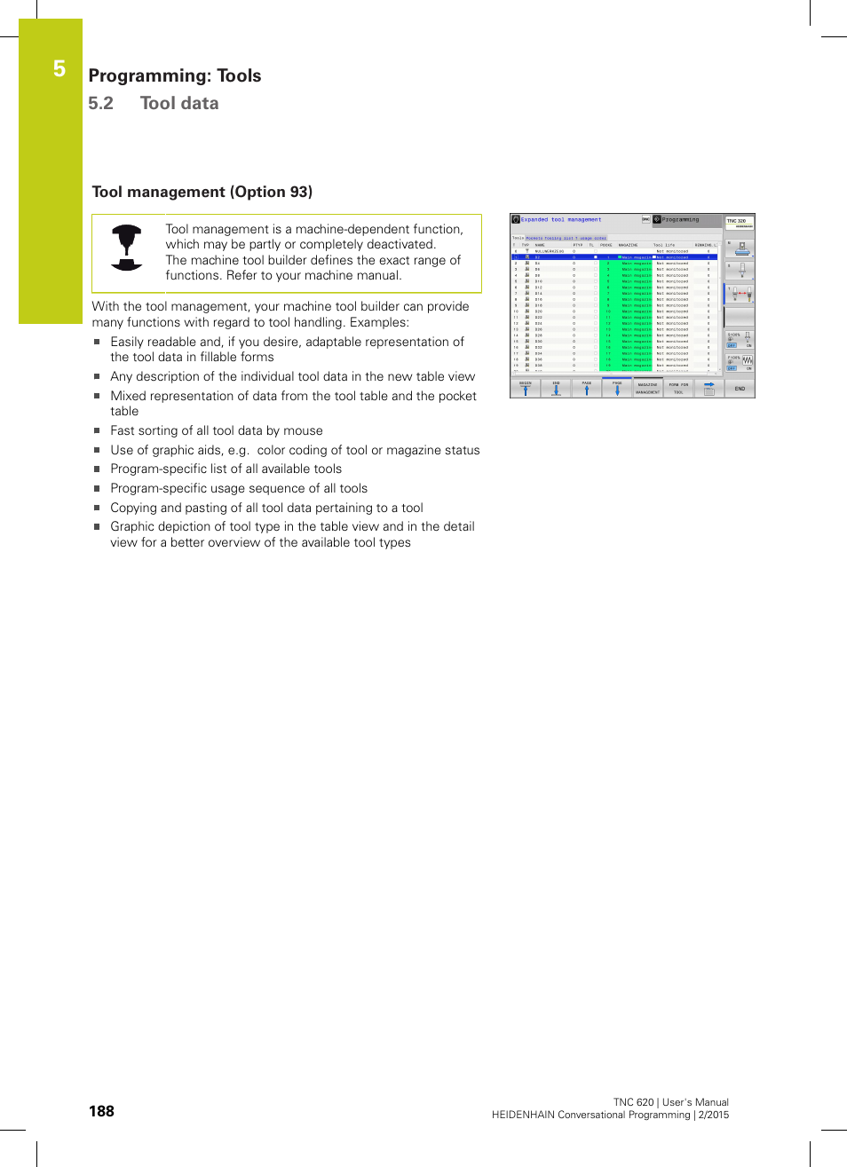 Tool management (option 93), Ool management ("tool, Programming: tools 5.2 tool data | HEIDENHAIN TNC 620 (81760x-02) User Manual | Page 188 / 656