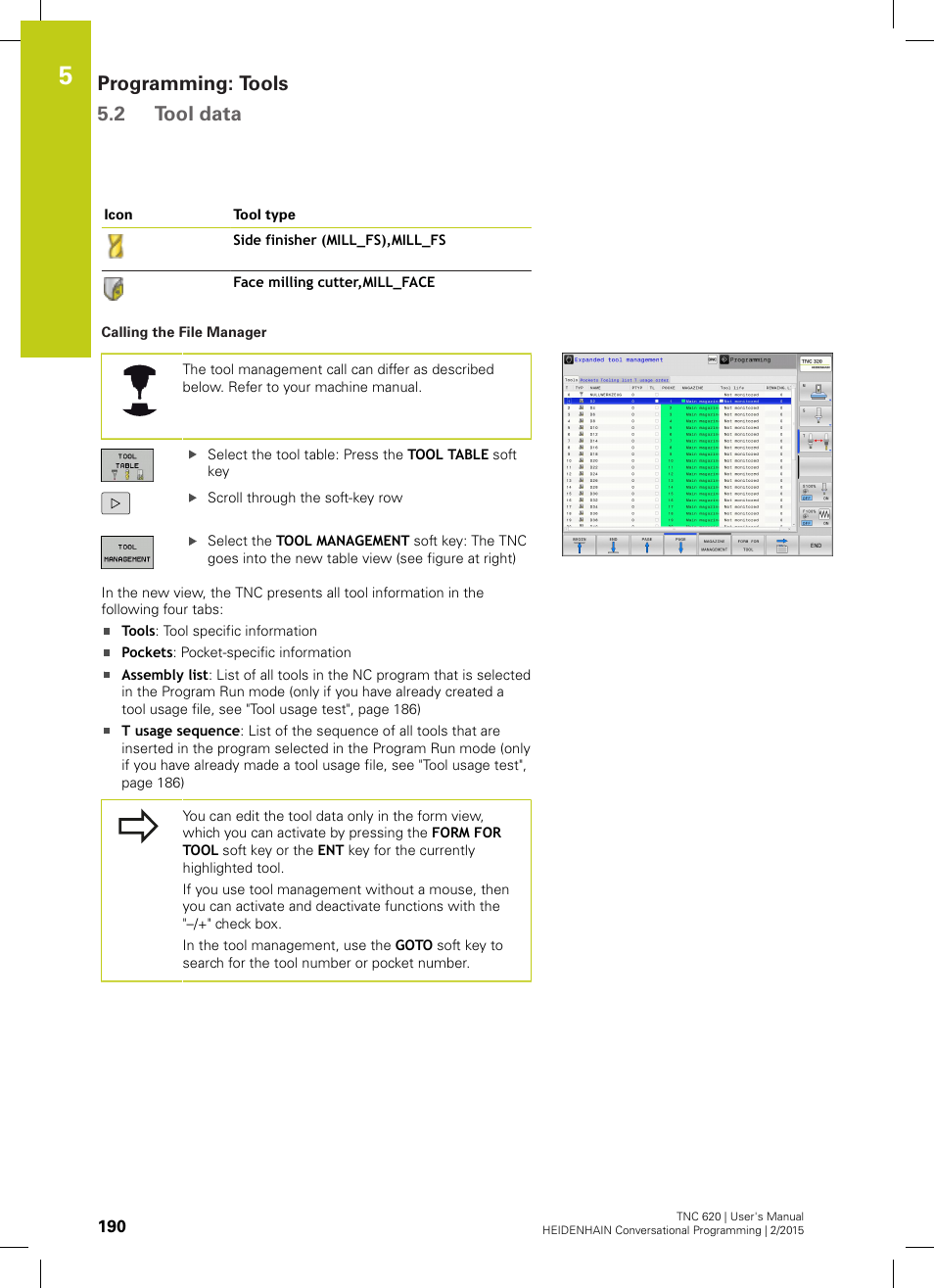 Programming: tools 5.2 tool data | HEIDENHAIN TNC 620 (81760x-02) User Manual | Page 190 / 656