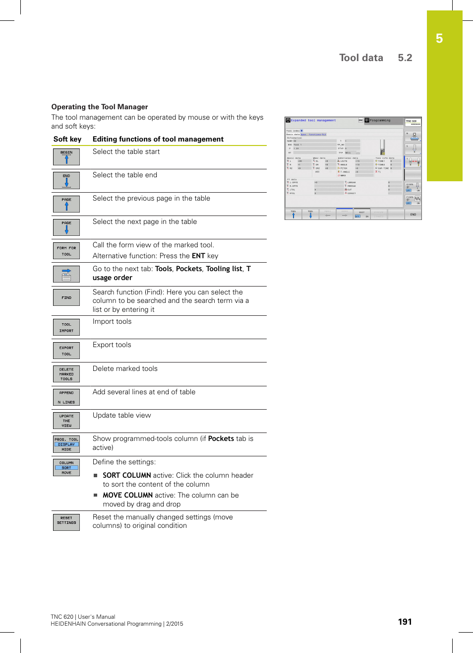 Tool data 5.2 | HEIDENHAIN TNC 620 (81760x-02) User Manual | Page 191 / 656