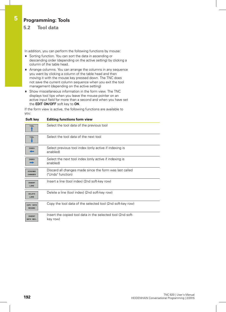 Programming: tools 5.2 tool data | HEIDENHAIN TNC 620 (81760x-02) User Manual | Page 192 / 656