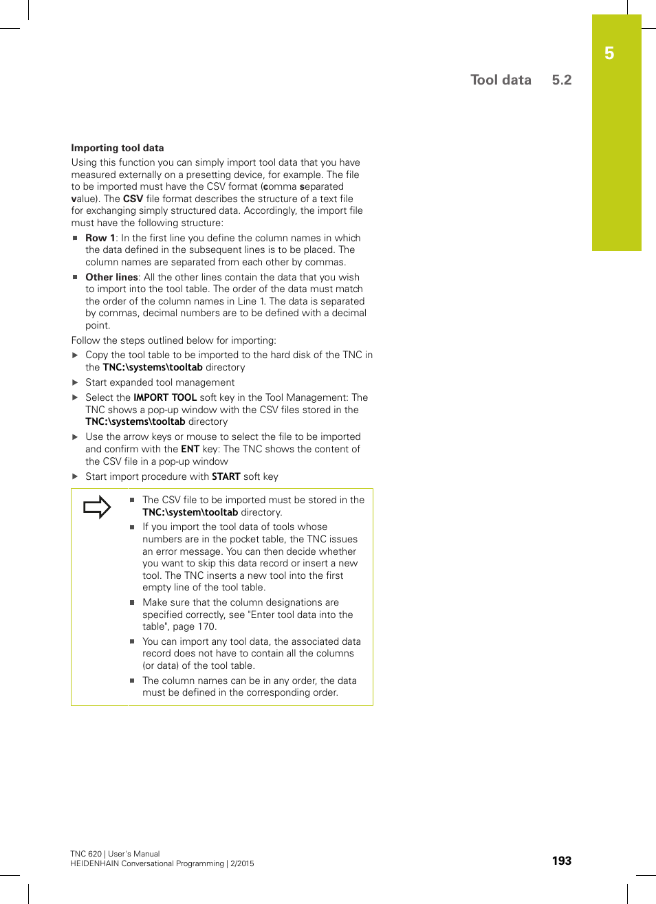 Tool data 5.2 | HEIDENHAIN TNC 620 (81760x-02) User Manual | Page 193 / 656