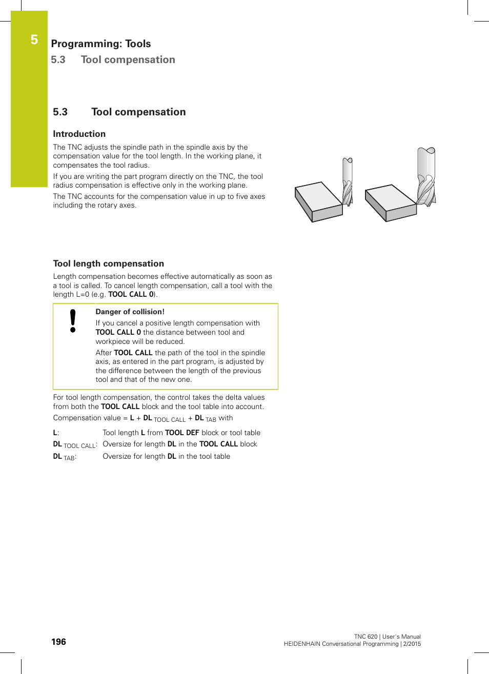 3 tool compensation, Introduction, Tool length compensation | Tool compensation, Programming: tools 5.3 tool compensation | HEIDENHAIN TNC 620 (81760x-02) User Manual | Page 196 / 656