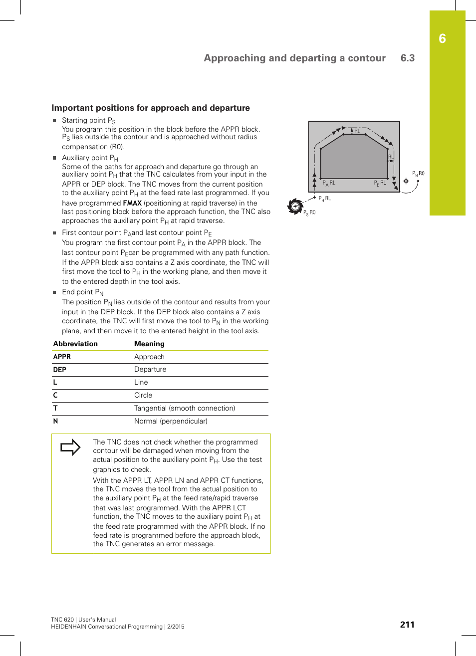 Important positions for approach and departure, Approaching and departing a contour 6.3 | HEIDENHAIN TNC 620 (81760x-02) User Manual | Page 211 / 656