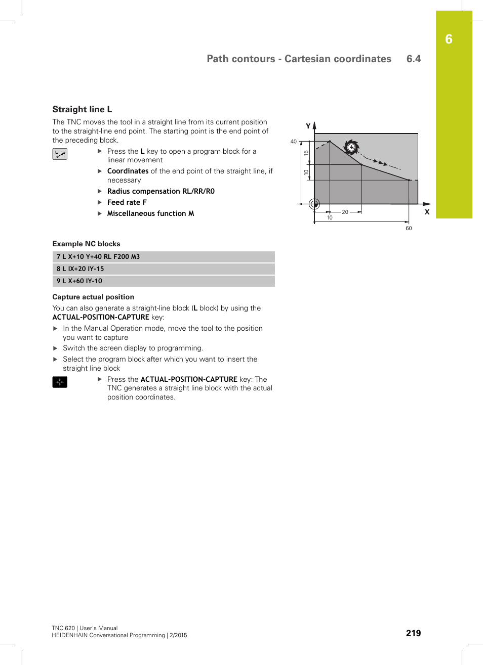 Straight line l, Path contours - cartesian coordinates 6.4 | HEIDENHAIN TNC 620 (81760x-02) User Manual | Page 219 / 656