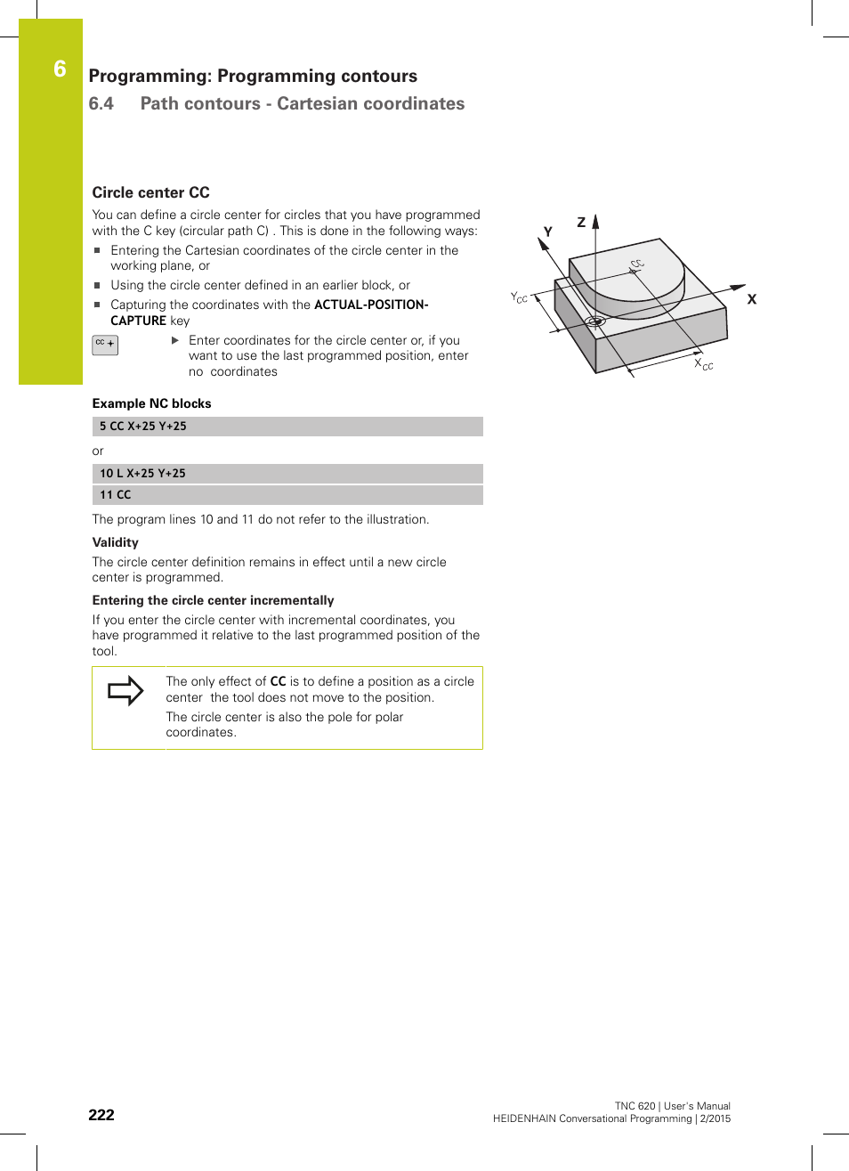 Circle center cc | HEIDENHAIN TNC 620 (81760x-02) User Manual | Page 222 / 656