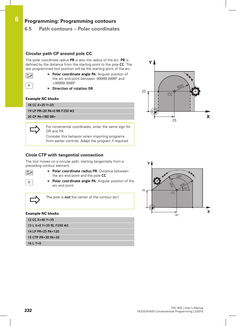 Circular path cp around pole cc, Circle ctp with tangential connection | HEIDENHAIN TNC 620 (81760x-02) User Manual | Page 232 / 656