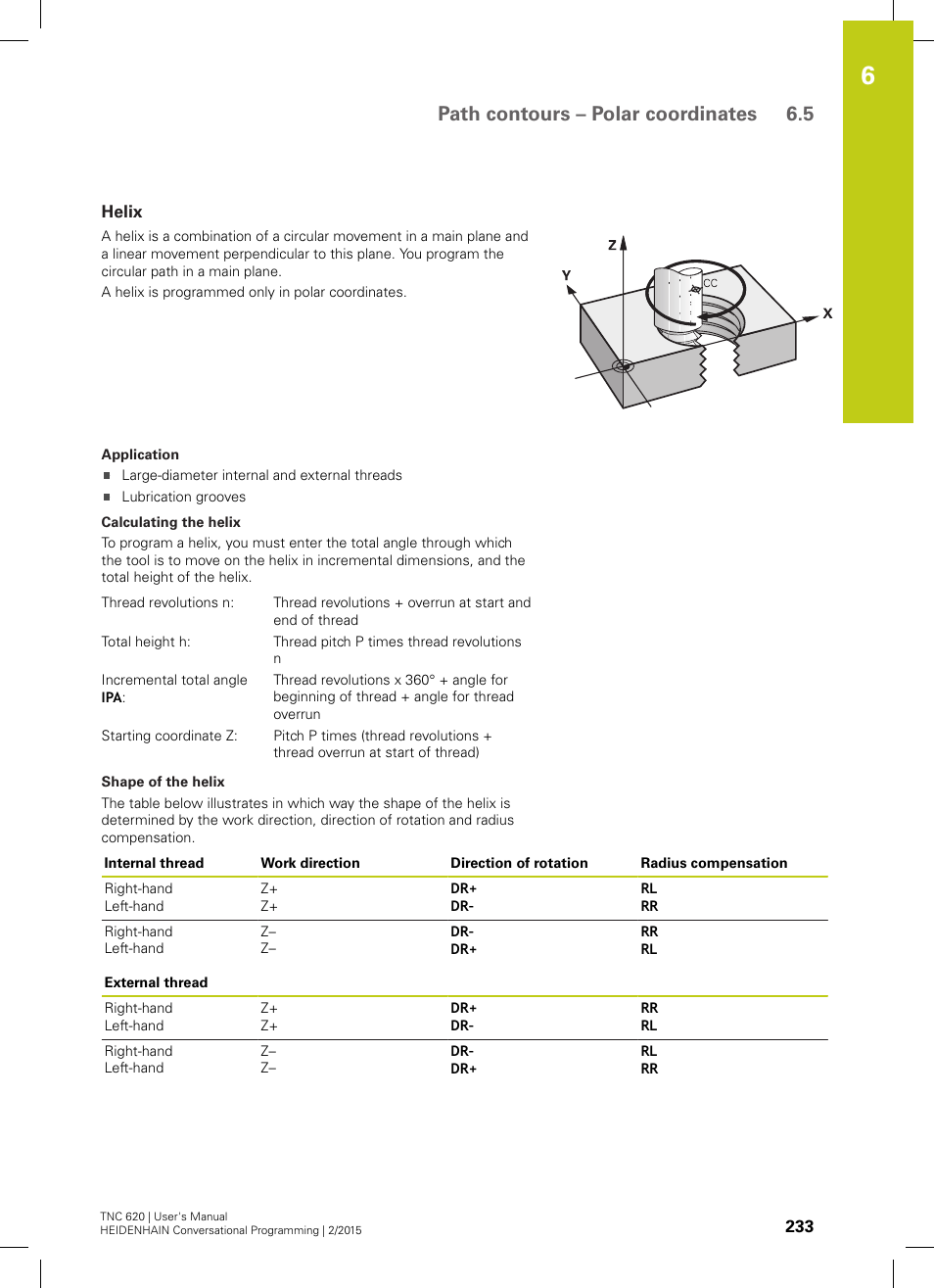 Helix, Path contours – polar coordinates 6.5 | HEIDENHAIN TNC 620 (81760x-02) User Manual | Page 233 / 656