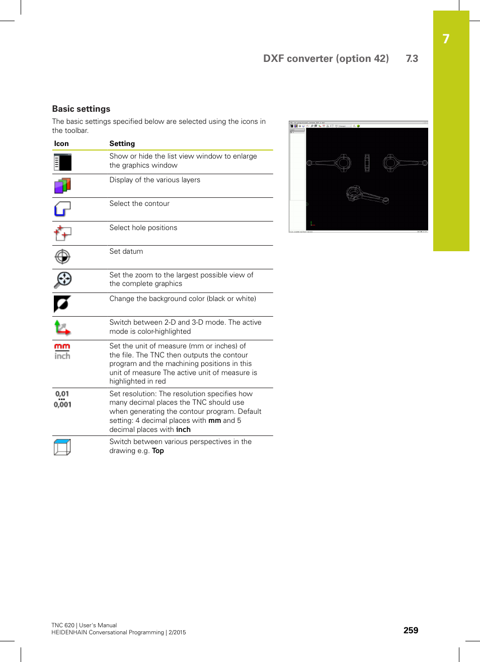 Basic settings, Dxf converter (option 42) 7.3 | HEIDENHAIN TNC 620 (81760x-02) User Manual | Page 259 / 656