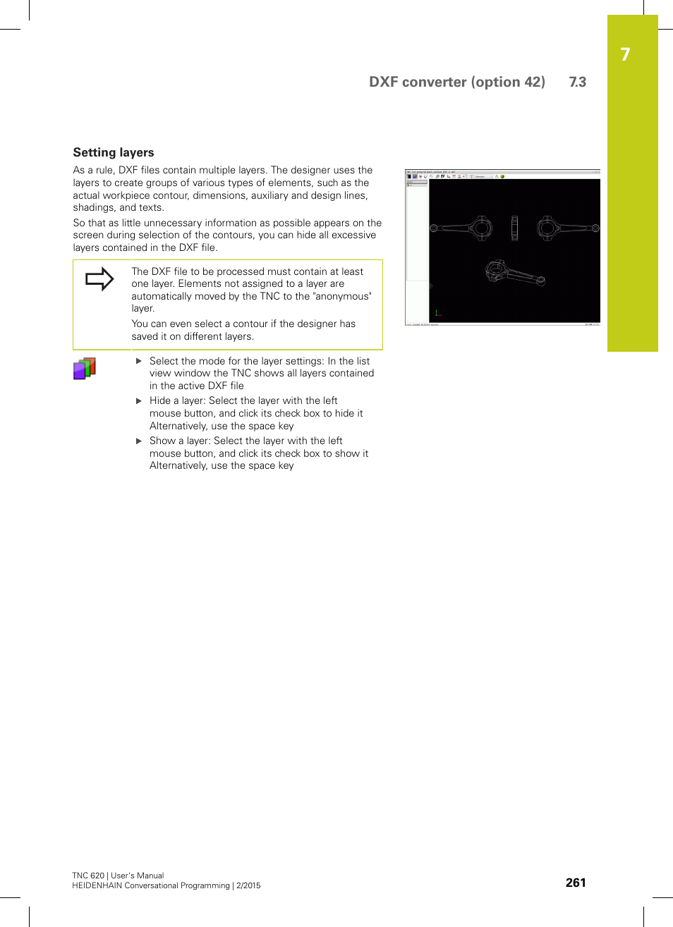 Setting layers, Dxf converter (option 42) 7.3 | HEIDENHAIN TNC 620 (81760x-02) User Manual | Page 261 / 656