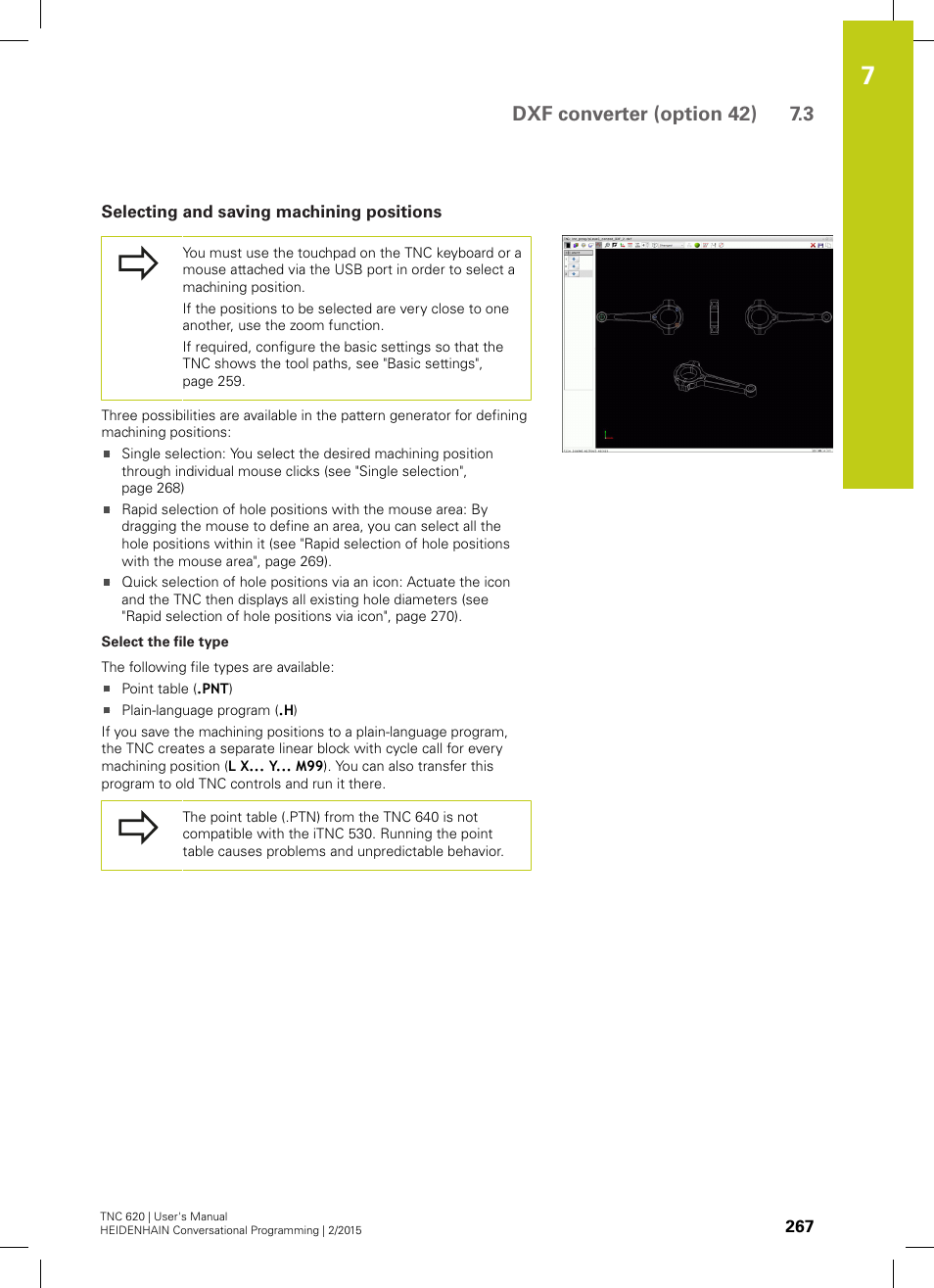 Selecting and saving machining positions, Dxf converter (option 42) 7.3 | HEIDENHAIN TNC 620 (81760x-02) User Manual | Page 267 / 656