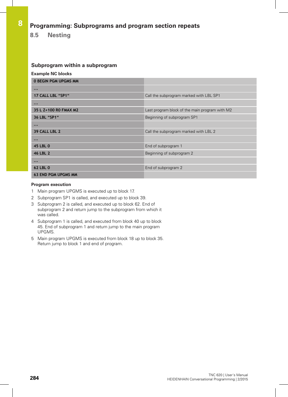 Subprogram within a subprogram | HEIDENHAIN TNC 620 (81760x-02) User Manual | Page 284 / 656