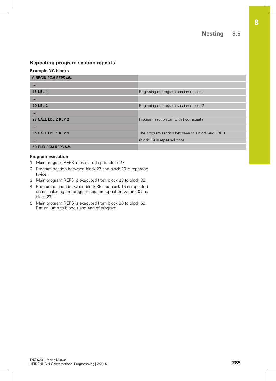 Repeating program section repeats, Nesting 8.5 | HEIDENHAIN TNC 620 (81760x-02) User Manual | Page 285 / 656