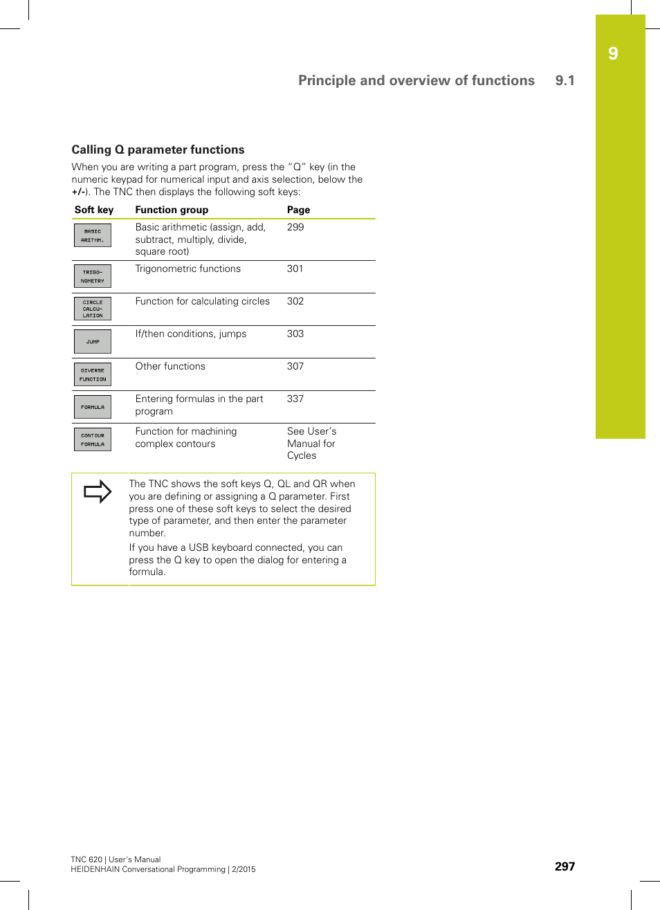 Calling q parameter functions, Principle and overview of functions 9.1 | HEIDENHAIN TNC 620 (81760x-02) User Manual | Page 297 / 656