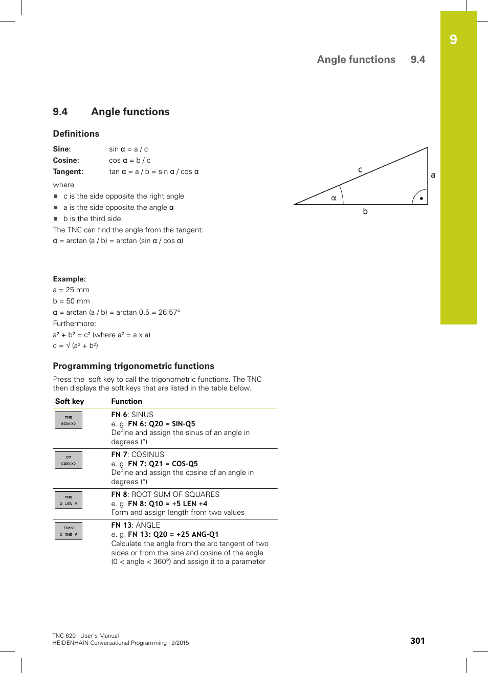 4 angle functions, Definitions, Programming trigonometric functions | Angle functions, Angle functions 9.4 | HEIDENHAIN TNC 620 (81760x-02) User Manual | Page 301 / 656