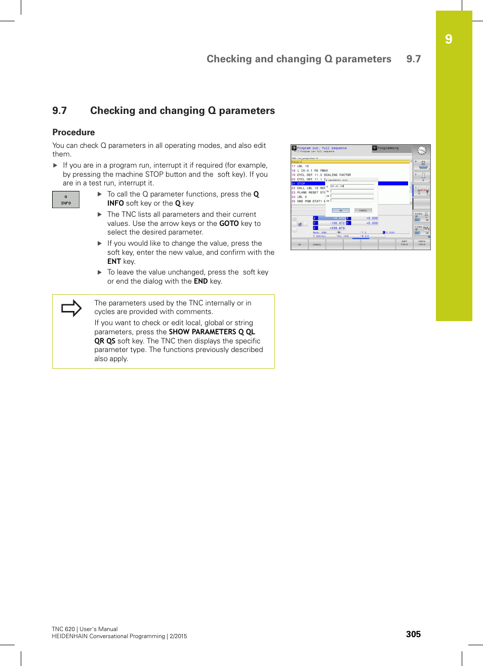 7 checking and changing q parameters, Procedure, Checking and changing q parameters | Checking and changing q parameters 9.7 | HEIDENHAIN TNC 620 (81760x-02) User Manual | Page 305 / 656