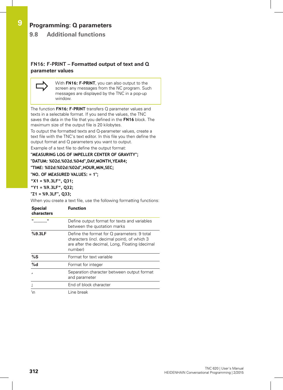 Programming: q parameters 9.8 additional functions | HEIDENHAIN TNC 620 (81760x-02) User Manual | Page 312 / 656