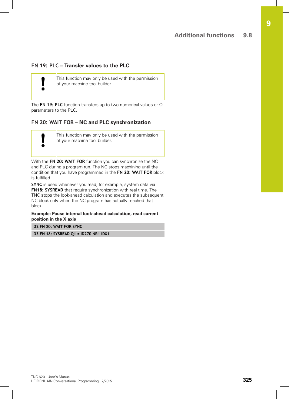 Fn 19: plc – transfer values to the plc, Fn 20: wait for – nc and plc synchronization, Additional functions 9.8 | HEIDENHAIN TNC 620 (81760x-02) User Manual | Page 325 / 656