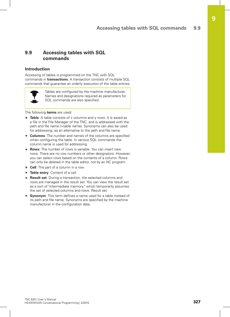 9 accessing tables with sql commands, Introduction, Accessing tables with sql commands | Accessing tables with sql commands 9.9 | HEIDENHAIN TNC 620 (81760x-02) User Manual | Page 327 / 656