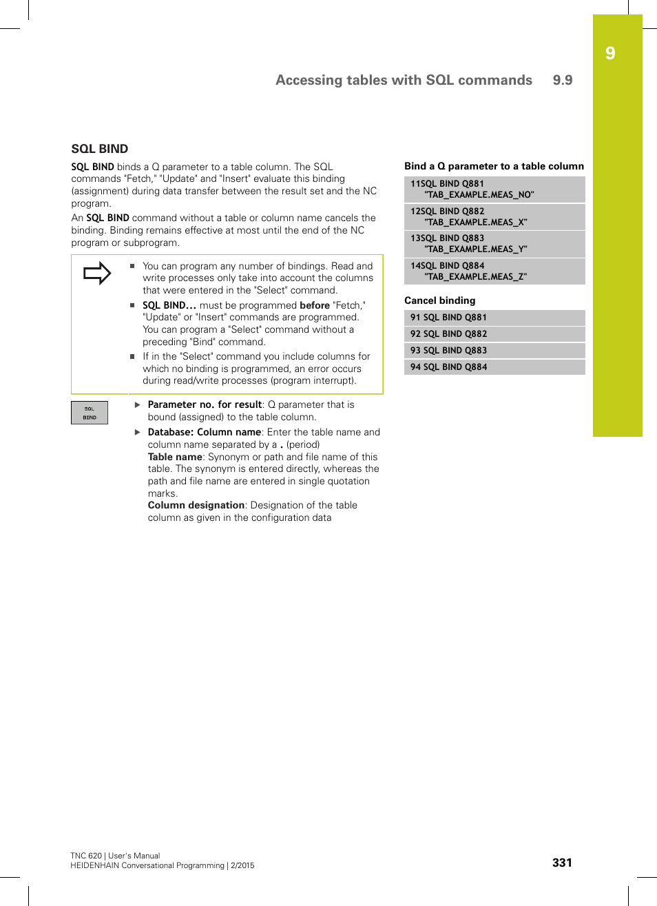 Sql bind, Accessing tables with sql commands 9.9 | HEIDENHAIN TNC 620 (81760x-02) User Manual | Page 331 / 656