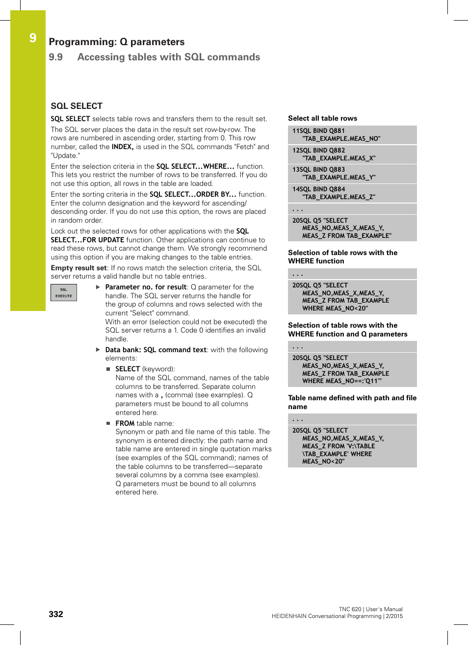 Sql select | HEIDENHAIN TNC 620 (81760x-02) User Manual | Page 332 / 656